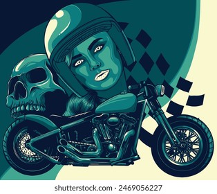 vector illustration of woman with skull and motorcycle on white background.