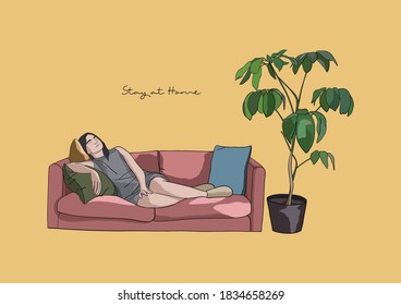 Vector Illustration of Woman Sleeping on Sofa with Tree