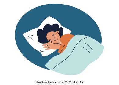 Vector illustration of woman sleeping on white pillow, peaceful person in cozy pajamas. Perfect for themes of rest, relaxation, healthy sleep habits. Flat cartoon character, isolated colored clipart