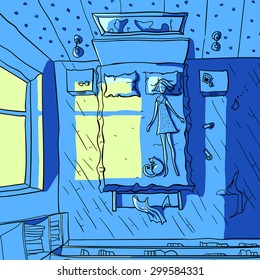 Vector illustration of a woman sleeping on the bed