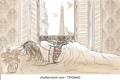 vector illustration of woman sleeping in Paris