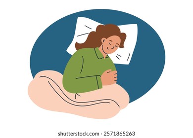 Vector illustration of woman sleeping peacefully on pillow, dressed in cozy pajamas. Perfect for themes of rest, relaxation, and healthy sleep habits. Flat cartoon style, isolated colored clipart