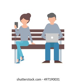 Vector illustration of a woman with smartphone and a man with laptop sitting on the bench