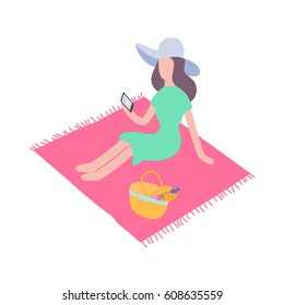 Vector illustration of woman with smartphone on picnic 