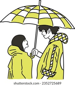 vector illustration of a woman smiling and looking at each other when the man offers her an umbrella to be with. perfect for clothing designs or gifts for your partner.