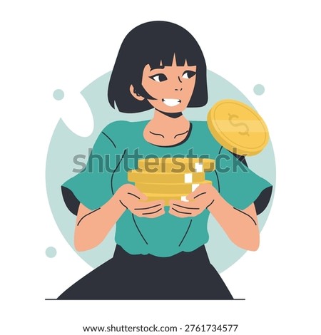 Vector illustration of a woman smiling while holding a stack of coins, depicting a sense of achievement and prosperity. The design radiates joy and financial success.