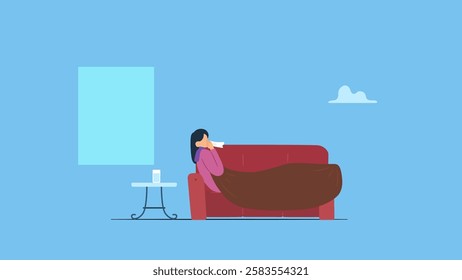 Vector illustration of a woman sneezing due to cold, flu or coronavirus resting on the sofa.