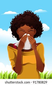 A Vector Illustration Of A Woman Sneezing Into A Tissue Outdoor