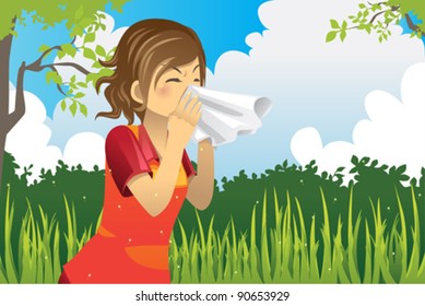 A vector illustration of a woman sneezing outdoor