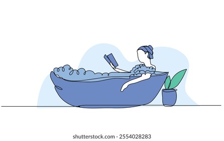 Vector illustration of a woman is soaking in the bathtub while reading a book. Modern flat in continuous line style.