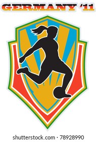 vector illustration of a woman soccer player kicking the ball set inside shield with words Germany 11