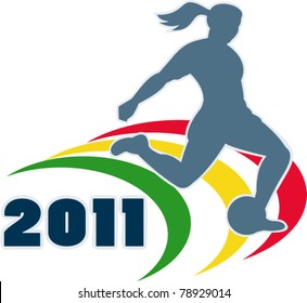 vector illustration of a woman soccer player silhouette kicking the ball with words 2011