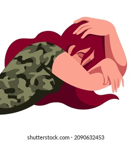 vector illustration of a woman soldier lies in depression. headaches, depression, PTSD, war veteran, problems, loneliness. useful for psychologists and psychiatrists, posters, veteran reintegration.