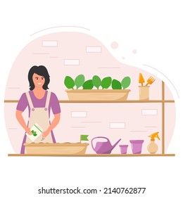 Vector illustration Woman sows seeds, grows plants in a pot. Home gardening. Floriculture. Seedlings. Growing plants. Garden tools. Girl takes care of houseplants.
