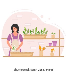 Vector illustration Woman sows seeds, grows plants in a pot. Home gardening. Floriculture. Seedlings. Growing plants. Garden tools. Girl takes care of houseplants.
