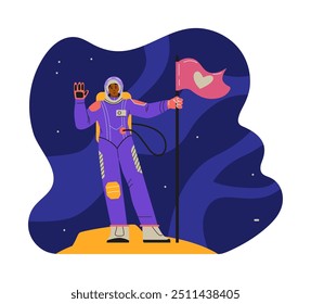 Vector illustration of a woman in a spacesuit with a flag in her hands. She stands on the planet against the background of space, symbolizing the study of the universe