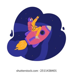 Vector illustration of a woman in a spacesuit and helmet flying astride a rocket against a background of stars, symbolizing space travel and exploration