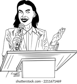 Vector Illustration Of Woman Speaker On Microphone, Outline Sketch Drawing Of Female Anchor With Mic, Female Motivational Speaker On Stage Cartoon Doodle Clip Art