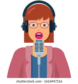 vector illustration with woman speaking into microphone and wearing headphones