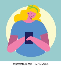 Vector illustration of woman speaking phone, making selfie in the modern flat style. Social concept.