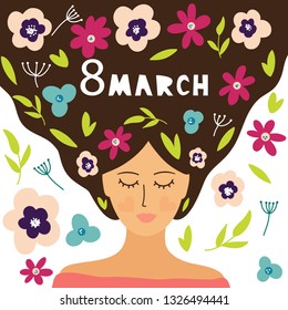 Vector illustration of woman with spring flowers in her hair . 8 March, International Women’s day. Design for poster, card, invitation, brochure and other. 