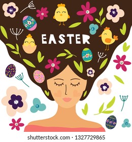 Vector illustration of woman with spring flowers, Easter eggs, chicks  in her hair . Easter greeting. Design for poster, card, invitation, brochure and other. 