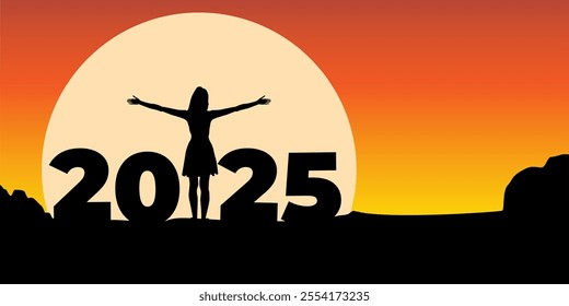 Vector illustration of woman standing between 2025 with open arms
