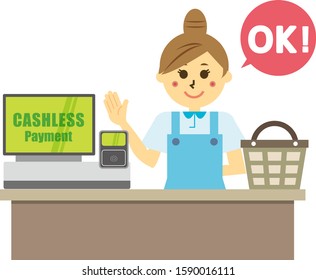 Vector illustration of a woman standing at the cash register