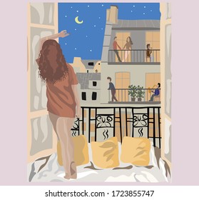 A vector illustration of woman standing at her apartment balcony.