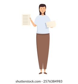 Vector illustration of a woman standing, holding a checklist and stack of papers