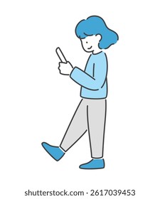 Vector illustration of a woman standing and looking at her smartphone