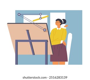 Vector illustration of a woman standing next to a drafting table in a design studio, isolated on a white background.