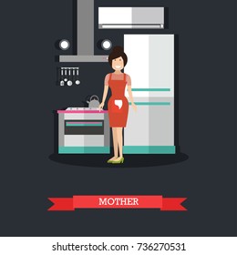 Vector illustration of woman standing next to stove in kitchen. Mother flat style design element.