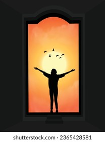 Vector illustration of a woman standing on open doorsteps, arms outstretched, feeling liberated and happy. Success and serenity concept.