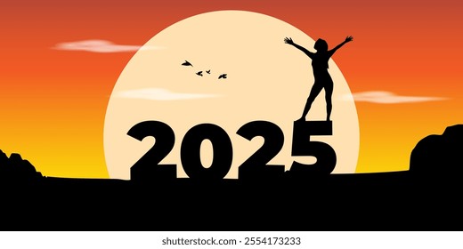 Vector illustration of woman standing on a 2025 with open arms showing the concept of 2024 end and 2025 start