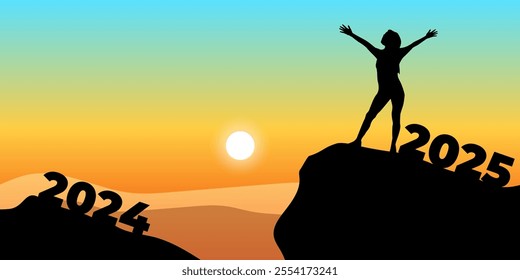 Vector illustration of woman standing on a cliff with open arms showing the concept of 2024 end and 2025 start