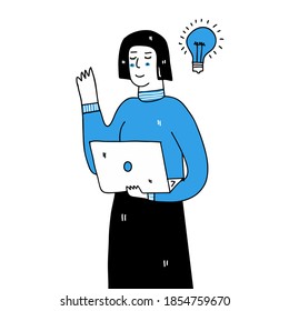 Vector Illustration of woman stands holding a laptop and a light bulb on it.New idea concept.hand drawn style.vector illustration