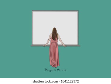 Vector Illustration of Woman Stay at Home, Stay Safe