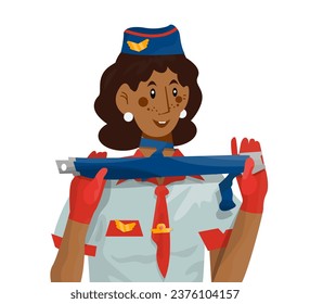 Vector illustration of woman stewardess who shows how to fasten your seat belt.