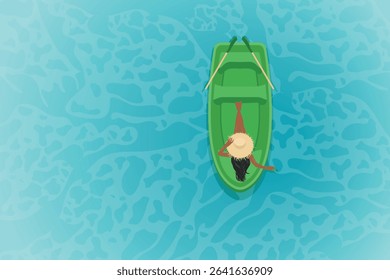 Vector illustration of a woman in a straw hat relaxing in a green boat on clear water, top view. Minimal summer travel concept with space for text. Perfect for vacation and nature themes.