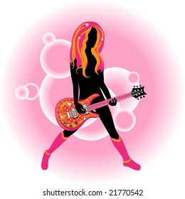 Vector Illustration Of A Woman With An Stylized Acustic Gitar On The Pink, Bubble Background