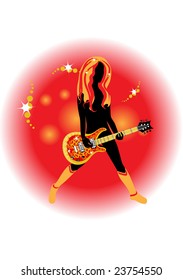 Vector Illustration Of A Woman With An Stylized Acustic Gitar On The Red Background