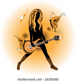 Vector Illustration Of A Woman With An Stylized Acustic Gitar On The Gold Background