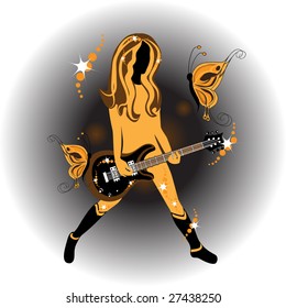 Vector Illustration Of A Woman With An Stylized Acustic Gitar On The Decorated Background