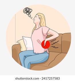 Ilustración vectorial de una mujer que padece dolor de espalda. sentarse en el sofá experimentar dolor de espalda sufrir en agonía