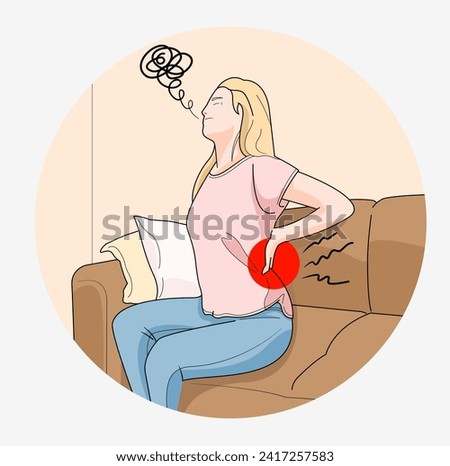 Vector illustration of a woman suffering from back pain. sitting in couch experience hurt back suffering in agony