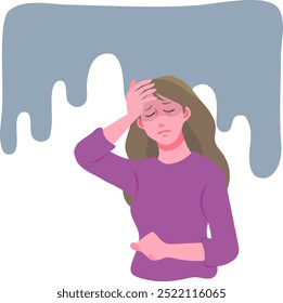 Vector illustration of a woman suffering with her hand on her forehead and a background with an image of heavy air