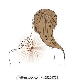 Vector illustration with woman suffering from pain in the neck. Sore neck, shoulder. Pain in back. Headache. Sketch. 