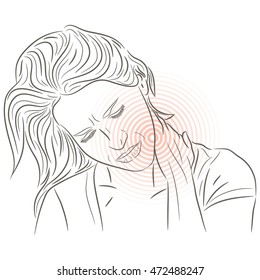 Vector illustration with woman suffering from pain in the neck. Sore neck, shoulder. Pain in back. Headache. Sketch. 