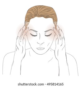 Vector illustration with woman suffering from pain in the head